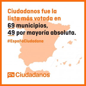 Ciudadanos (C's) fue la lista más votada en 69 municipios de España